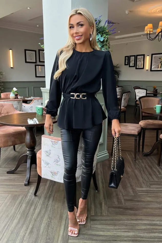AX Paris Black Long Sleeve Belted Top Women Tops
