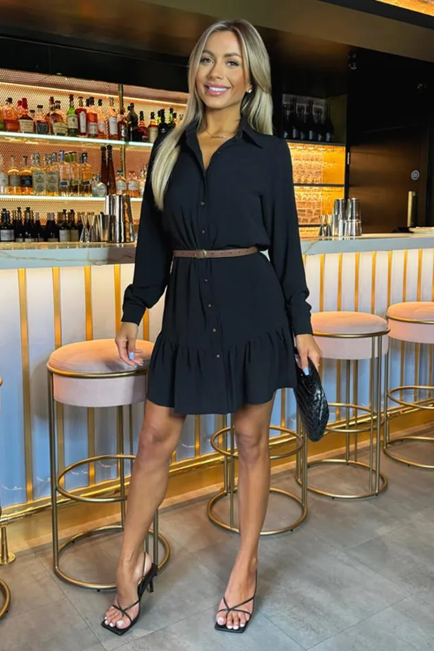 AX Paris Black Long Sleeve Frill Hem Shirt Mini Dress Women Dresses