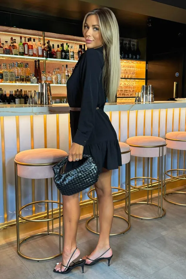 AX Paris Black Long Sleeve Frill Hem Shirt Mini Dress Women Dresses