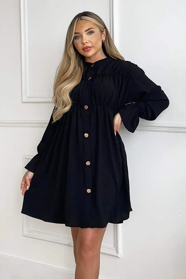 AX Paris Black Long Sleeve Gathered Detail Button Front Dress Women Dresses
