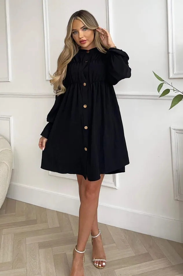AX Paris Black Long Sleeve Gathered Detail Button Front Dress Women Dresses