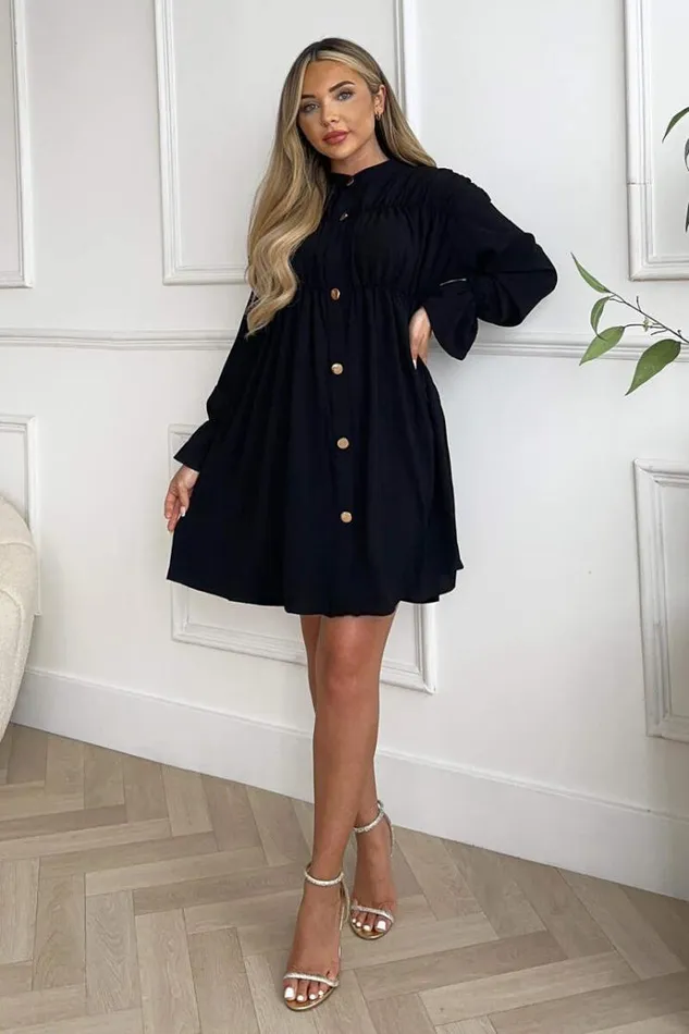 AX Paris Black Long Sleeve Gathered Detail Button Front Dress Women Dresses