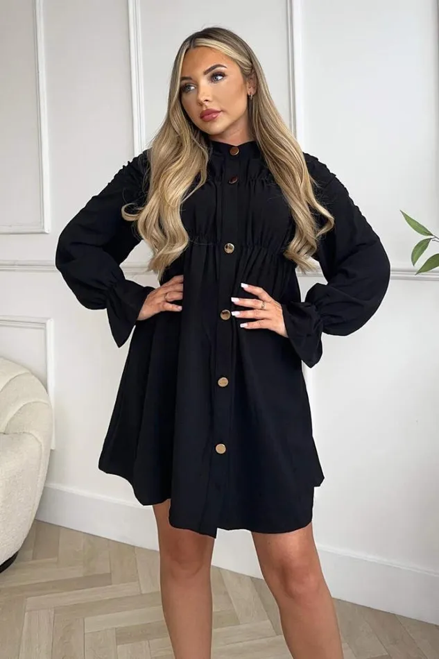 AX Paris Black Long Sleeve Gathered Detail Button Front Dress Women Dresses