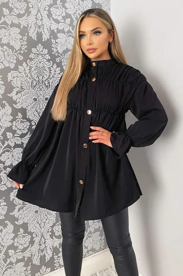 AX Paris Black Long Sleeve Gathered Detail Button Up Top Women Tops