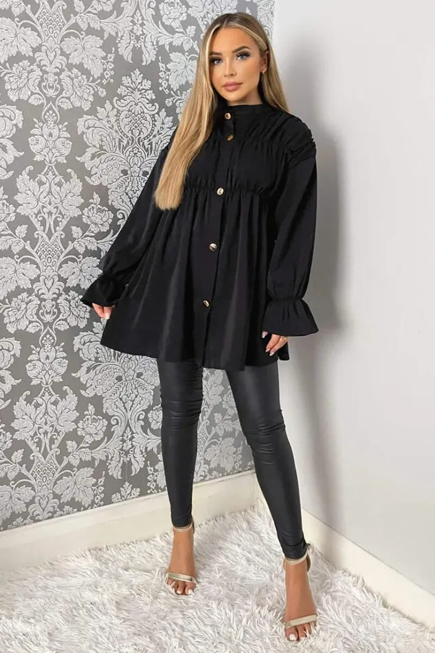 AX Paris Black Long Sleeve Gathered Detail Button Up Top Women Tops