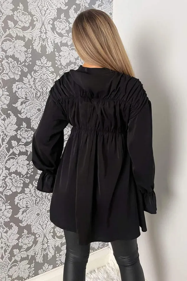 AX Paris Black Long Sleeve Gathered Detail Button Up Top Women Tops