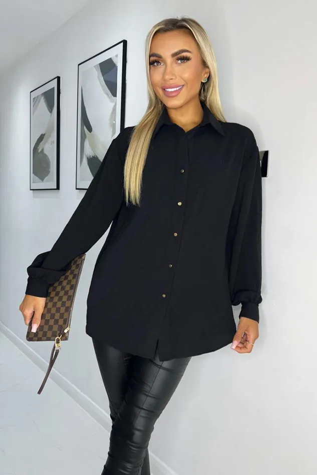 AX Paris Black Long Sleeve Gold Button Front Shirt Women Tops