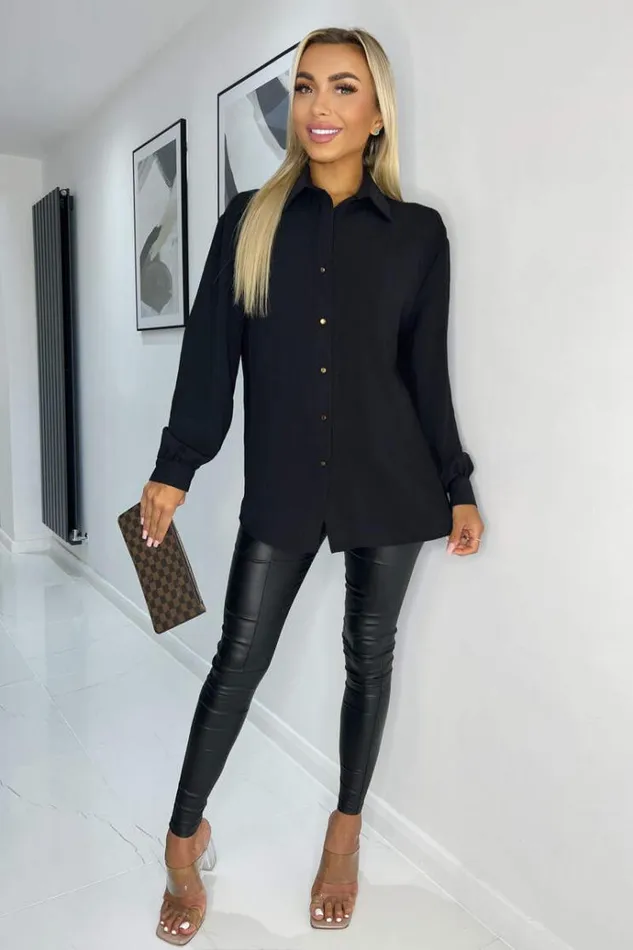 AX Paris Black Long Sleeve Gold Button Front Shirt Women Tops