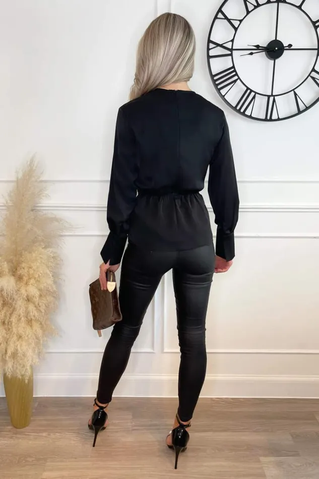 AX Paris Black Long Sleeve Gold Detail Wrap Top Women Tops