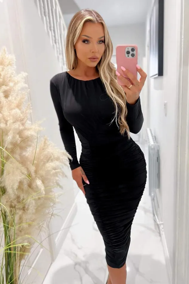 AX Paris Black Long Sleeve Ruched Midi Bodycon Dress Women Dresses