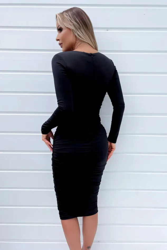 AX Paris Black Long Sleeve Ruched Midi Bodycon Dress Women Dresses
