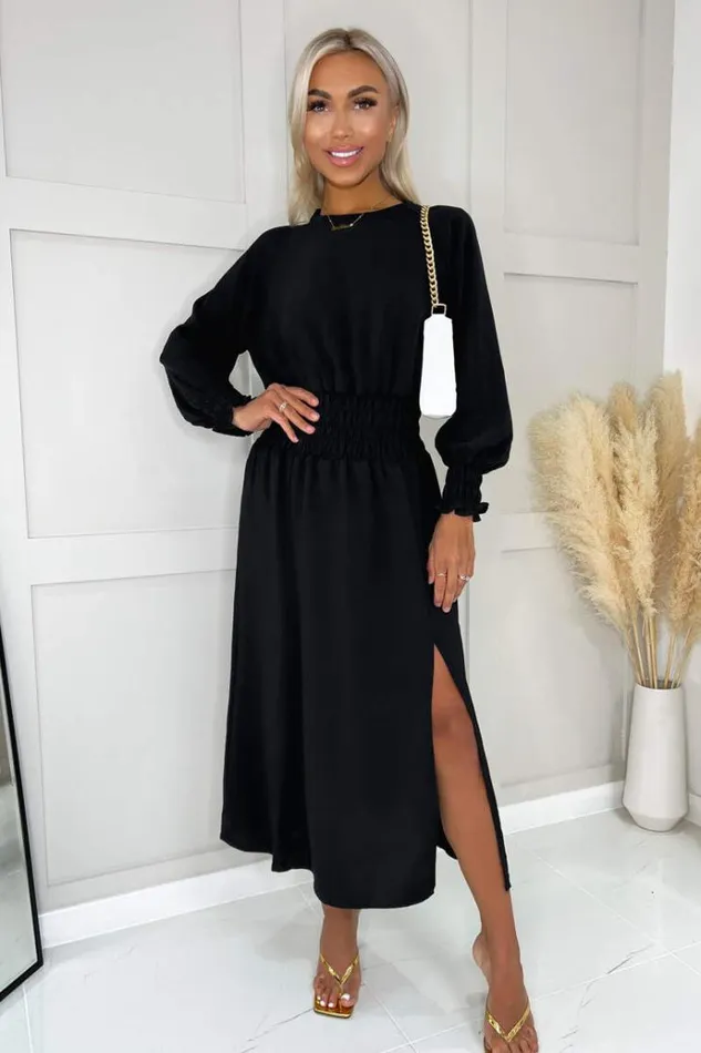 AX Paris Black Long Sleeve Shirred Detail Midi Dress Women Dresses
