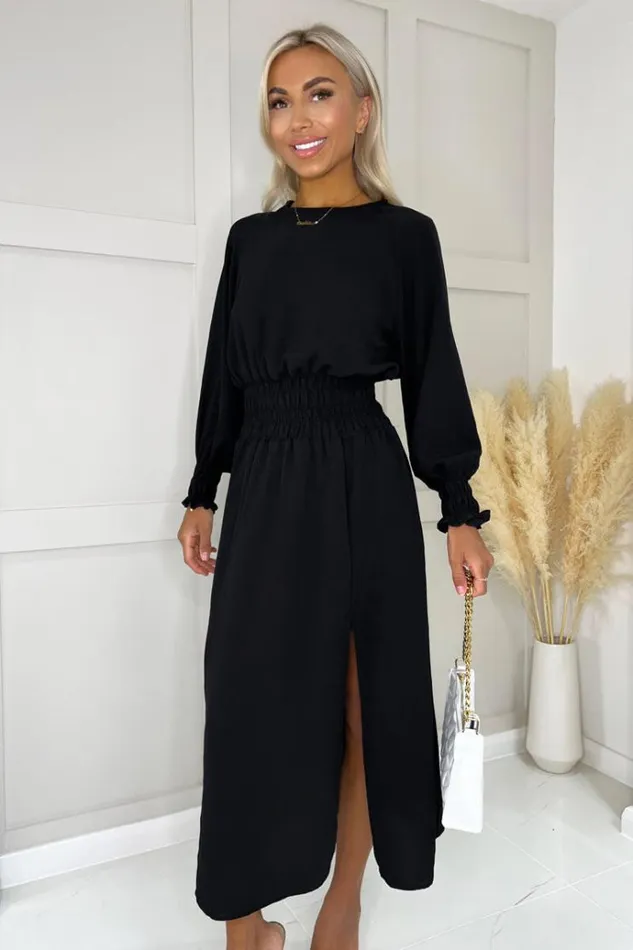 AX Paris Black Long Sleeve Shirred Detail Midi Dress Women Dresses
