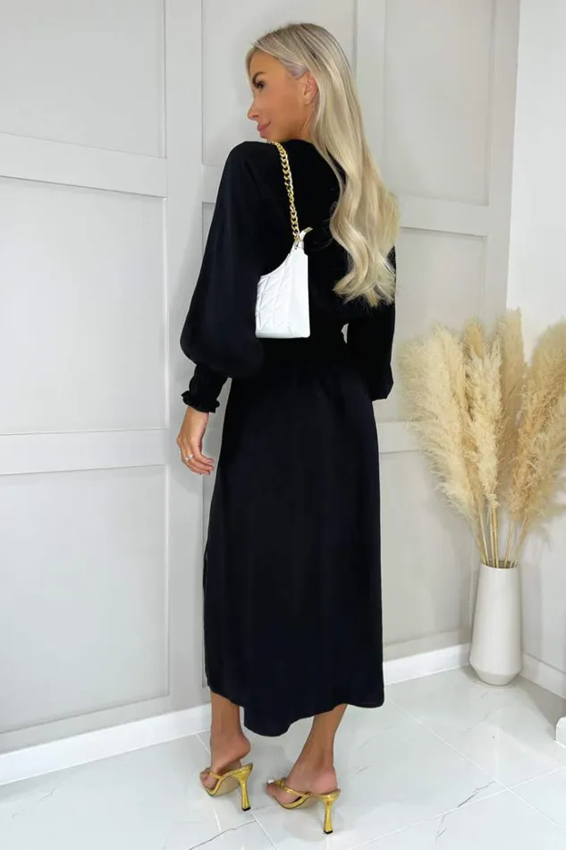 AX Paris Black Long Sleeve Shirred Detail Midi Dress Women Dresses