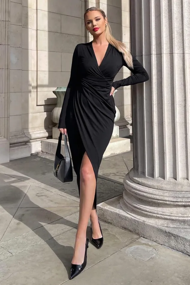 AX Paris Black Long Sleeve Wrap Midi Dress Women Dresses