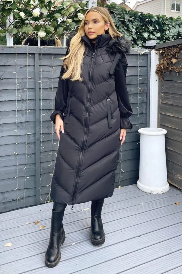 AX Paris Black Longline Faux Fur Hooded Gilet Women Coats and Jackets