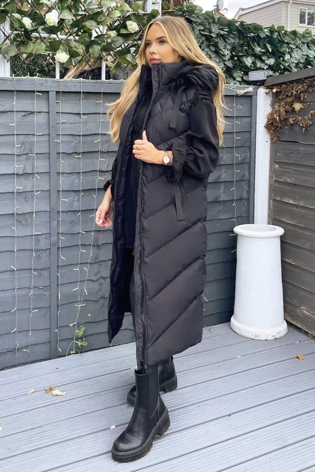 AX Paris Black Longline Faux Fur Hooded Gilet Women Coats and Jackets