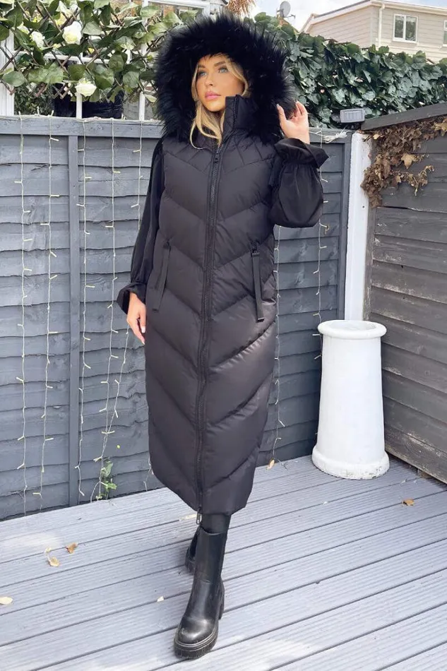 AX Paris Black Longline Faux Fur Hooded Gilet Women Coats and Jackets