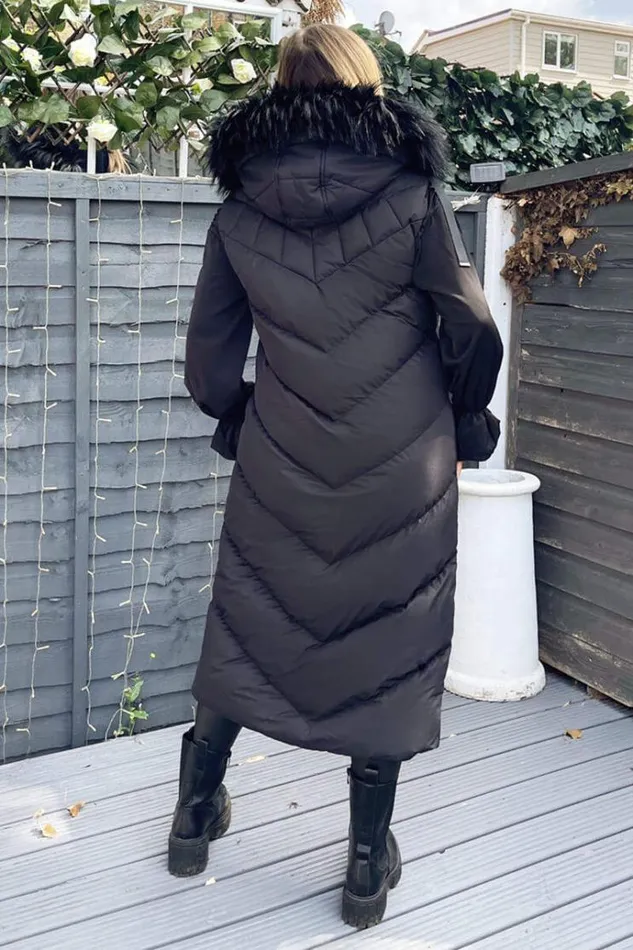 AX Paris Black Longline Faux Fur Hooded Gilet Women Coats and Jackets
