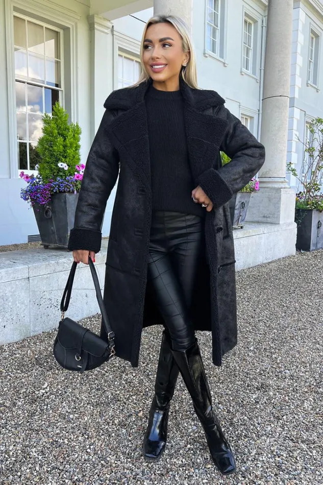 AX Paris Black Longline Faux Shearling Coat Women Coats and Jackets