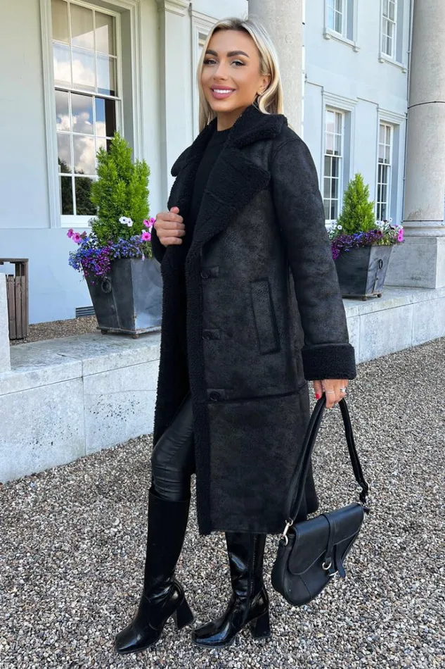 AX Paris Black Longline Faux Shearling Coat Women Coats and Jackets