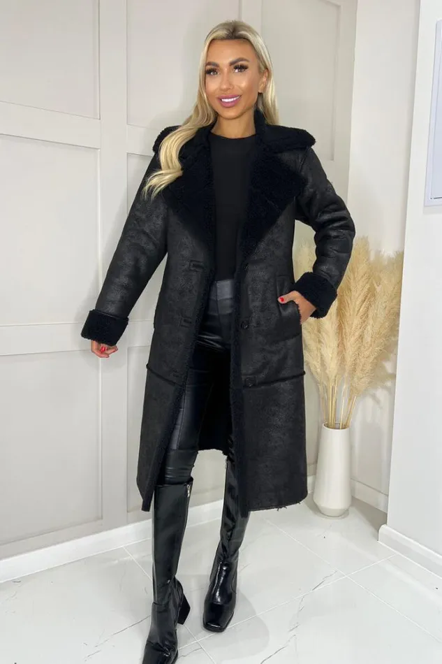 AX Paris Black Longline Faux Shearling Coat Women Coats and Jackets