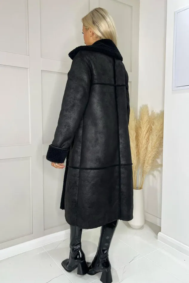 AX Paris Black Longline Faux Shearling Coat Women Coats and Jackets