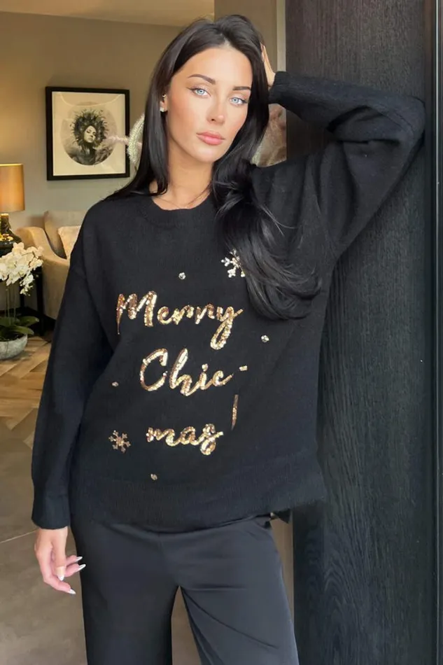 AX Paris Black Merry Chicmas Sequin Knit Jumper Women Tops