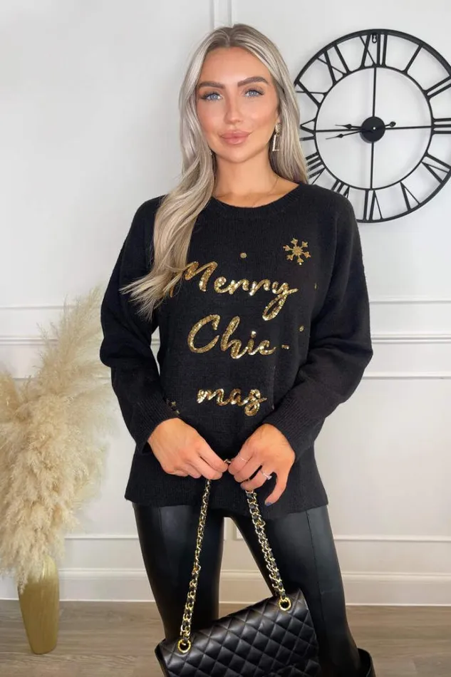 AX Paris Black Merry Chicmas Sequin Knit Jumper Women Tops