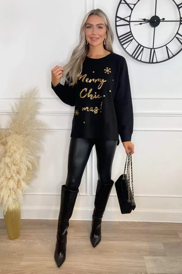 AX Paris Black Merry Chicmas Sequin Knit Jumper Women Tops