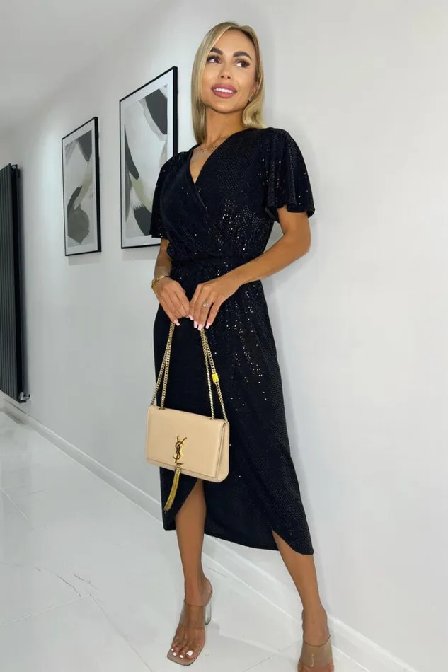AX Paris Black Metallic Sparkle And Sequin Belted Short Sleeve Wrap Midi Dress Women Dresses