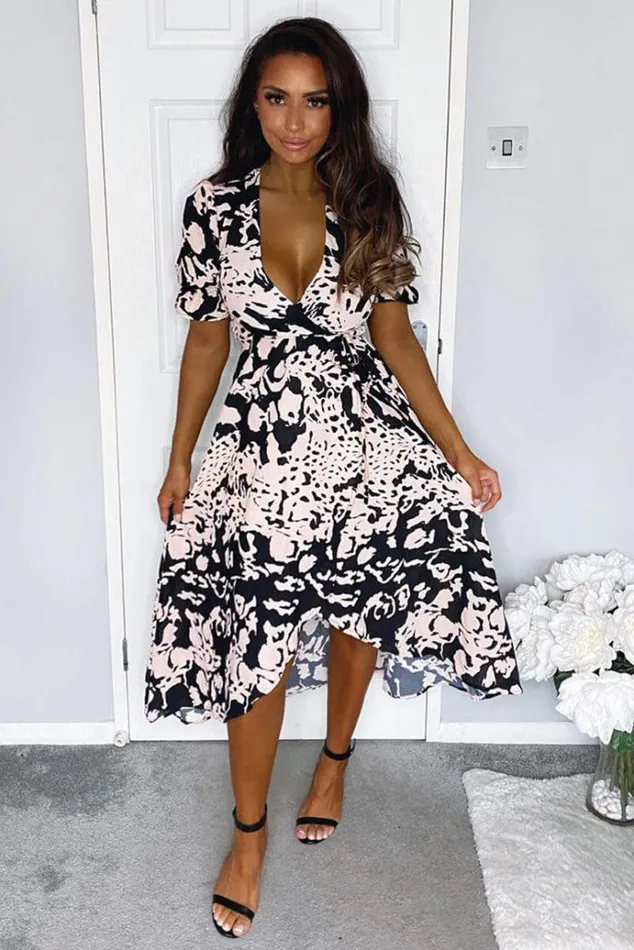 AX Paris Black Nude Abstract Print Wrap Midi Dress Women Dresses