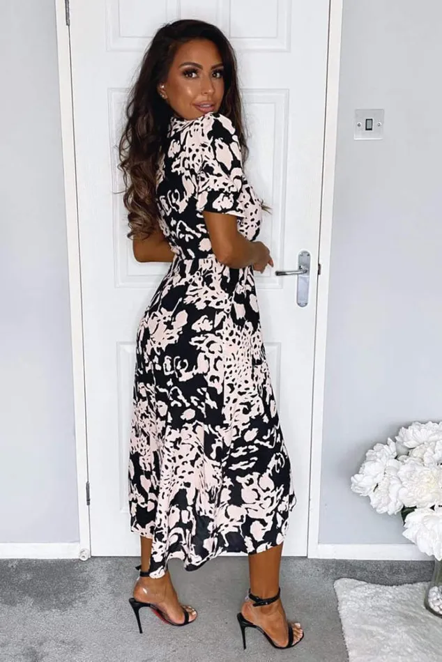 AX Paris Black Nude Abstract Print Wrap Midi Dress Women Dresses