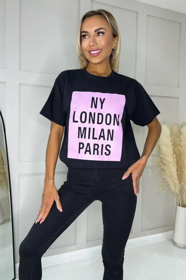 AX Paris Black NY London Milan Paris Slogan TShirt Women Loungewear