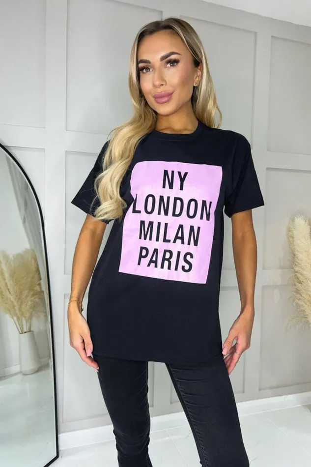 AX Paris Black NY London Milan Paris Slogan TShirt Women Tops