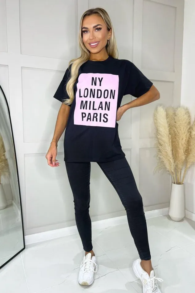 AX Paris Black NY London Milan Paris Slogan TShirt Women Tops