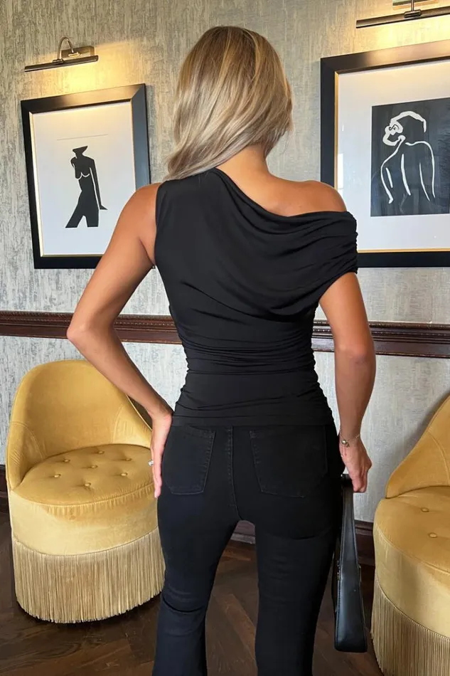 AX Paris Black Off The Shoulder Ruched Waist Draped Top Women Tops