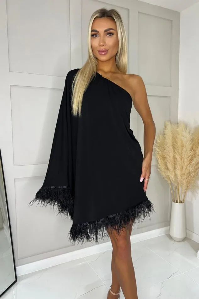 AX Paris Black One Shoulder Batwing Sleeve Faux Feather Hem Dress Women Dresses AX Paris Black One Shoulder Batwing Sleeve Faux Feather Hem Dress Women Dresses
