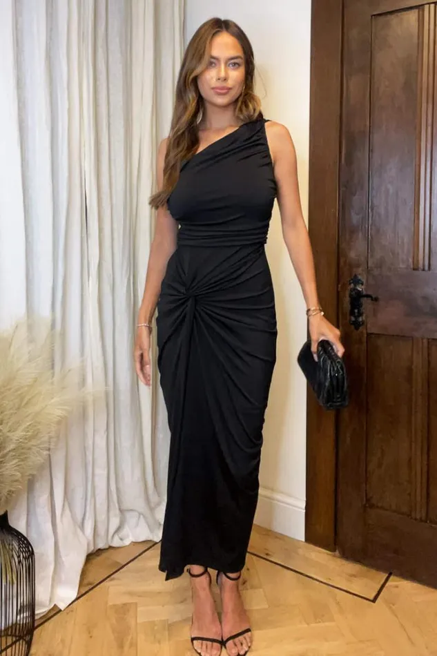 AX Paris Black One Shoulder Knot Skirt Midi Dress Women Dresses