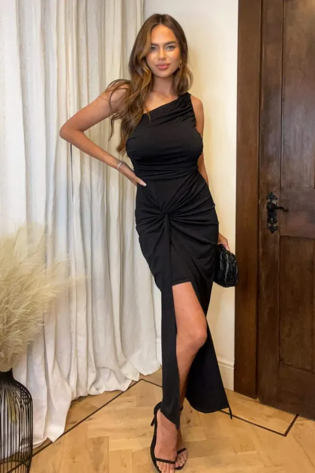 AX Paris Black One Shoulder Knot Skirt Midi Dress Women Dresses