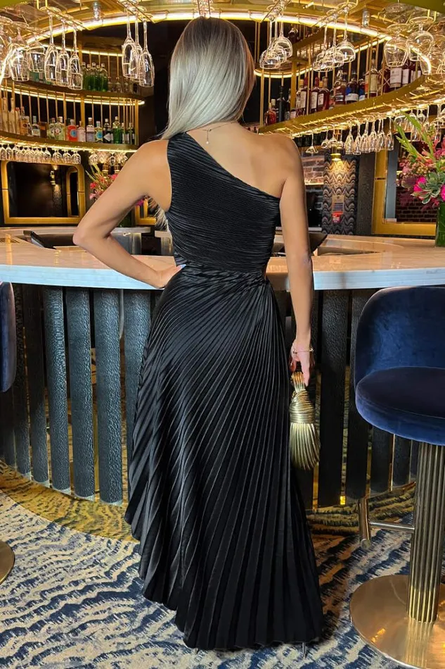 AX Paris Black One Shoulder Pleated Satin Midi Dress Women Dresses