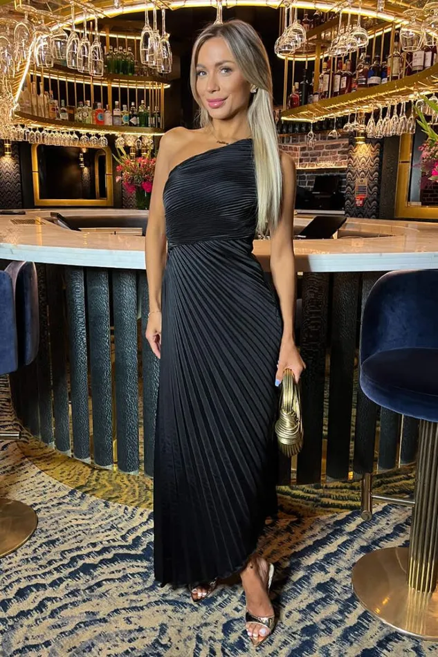 AX Paris Black One Shoulder Pleated Satin Midi Dress Women Dresses