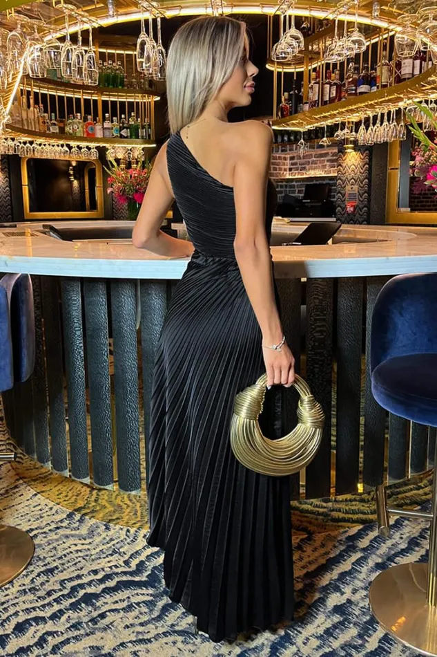AX Paris Black One Shoulder Pleated Satin Midi Dress Women Dresses