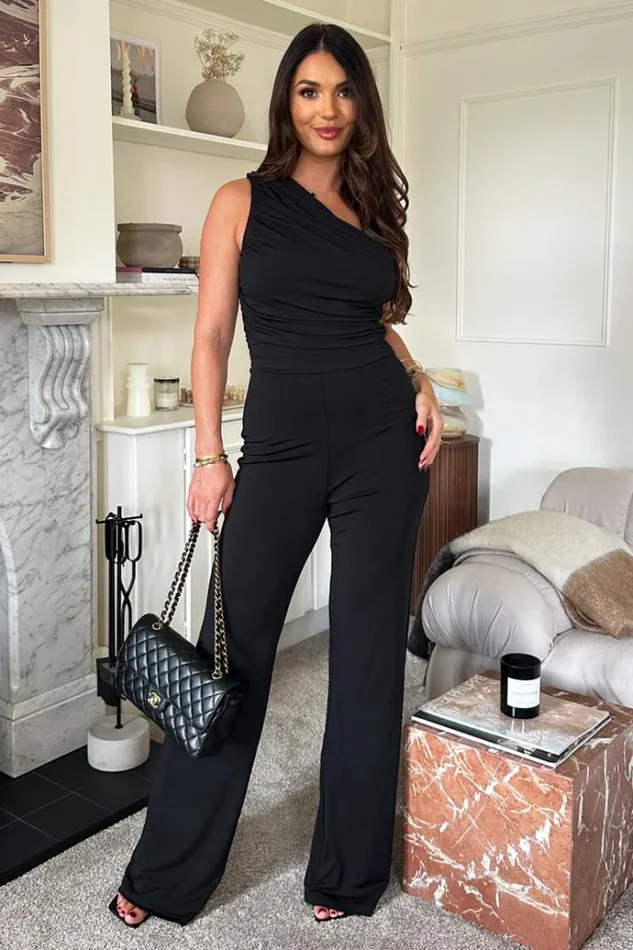 AX Paris Black One Shoulder Ruched Top Slinky Jumpsuit Women Jumpsuits And Playsuits