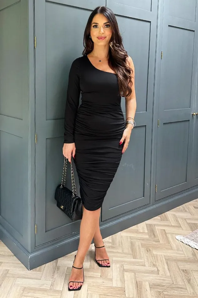 AX Paris Black One Sleeve Ruched Bodycon Midi Dress Women Dresses