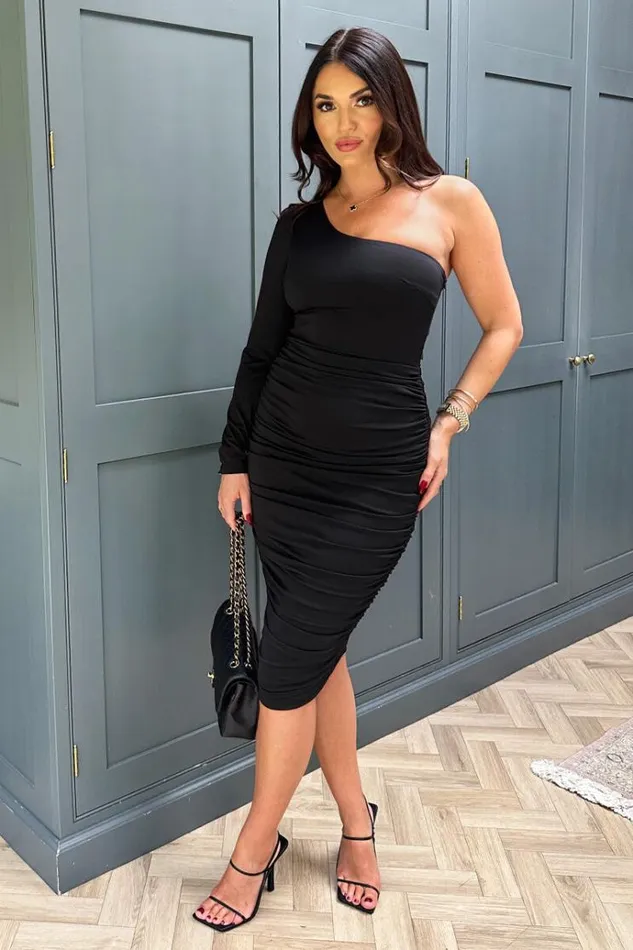 AX Paris Black One Sleeve Ruched Bodycon Midi Dress Women Dresses