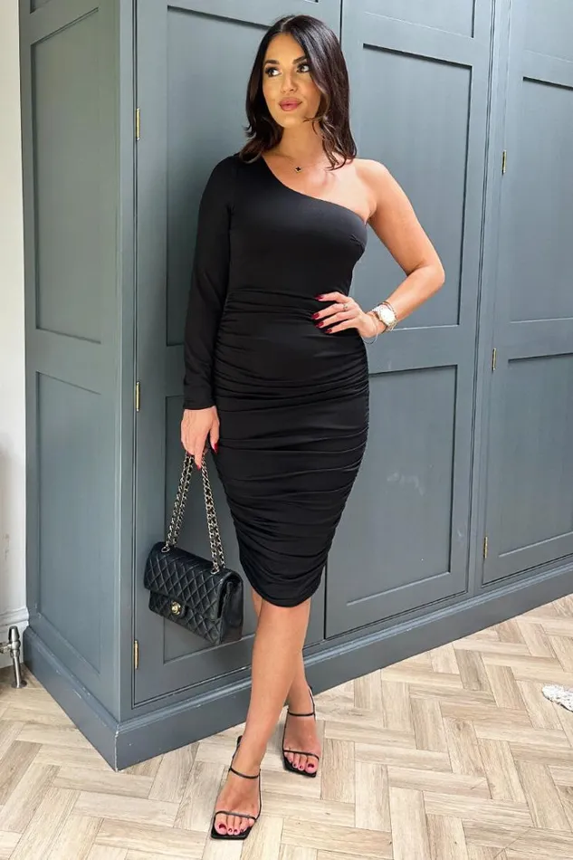 AX Paris Black One Sleeve Ruched Bodycon Midi Dress Women Dresses