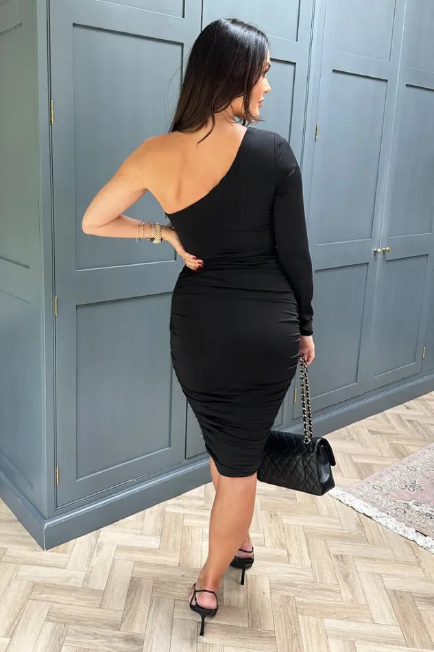 AX Paris Black One Sleeve Ruched Bodycon Midi Dress Women Dresses