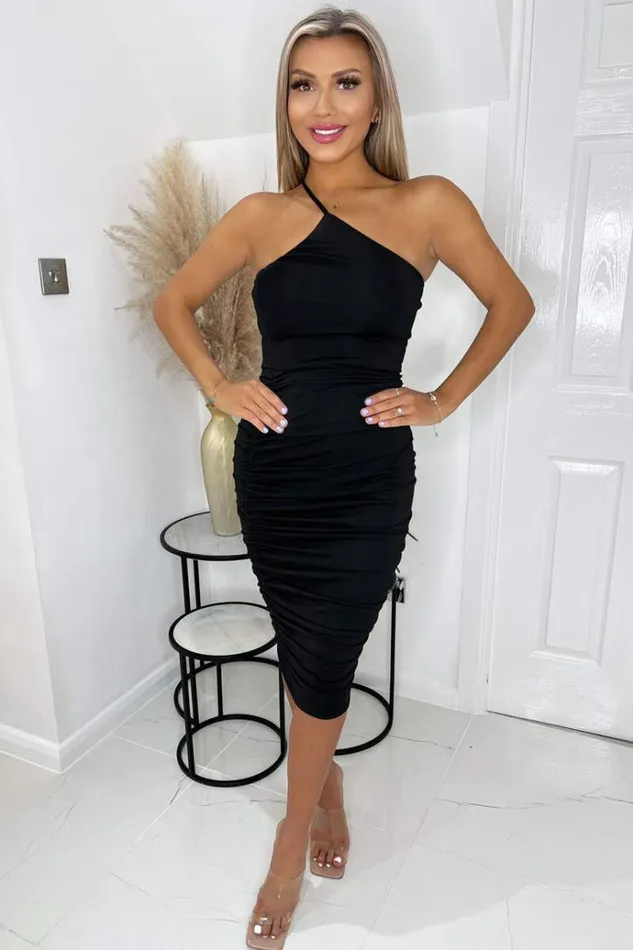 AX Paris Black One Strap Ruched Bodycon Dress Women Dresses