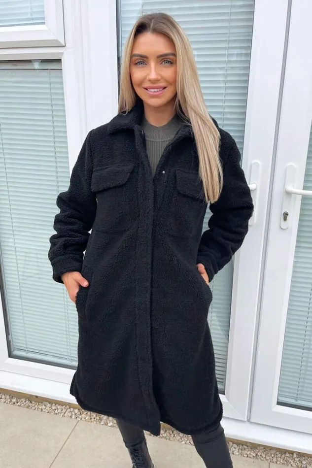AX Paris Black Oversized Teddy Faux Fur Front Pocket Coat Women Coats and Jackets
